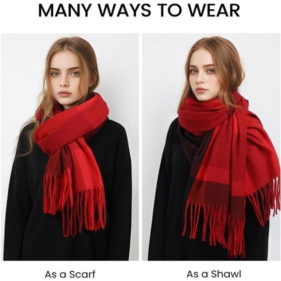 Cashmere Feel Plaid Scarf, Long Blanket Scarf, Red - Picture 3 of 7